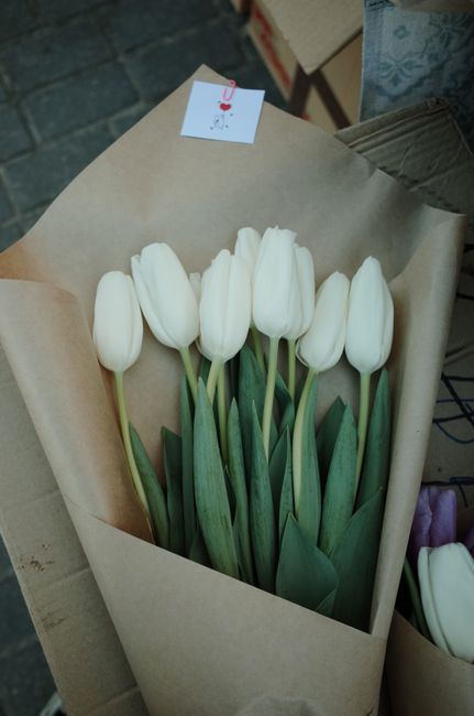 A bouquet of eleven white tulips with smooth petals and elongated green stems, wrapped in brown craft paper and placed on a flat surface. The tulips are fresh, with vibrant green leaves and sturdy ste