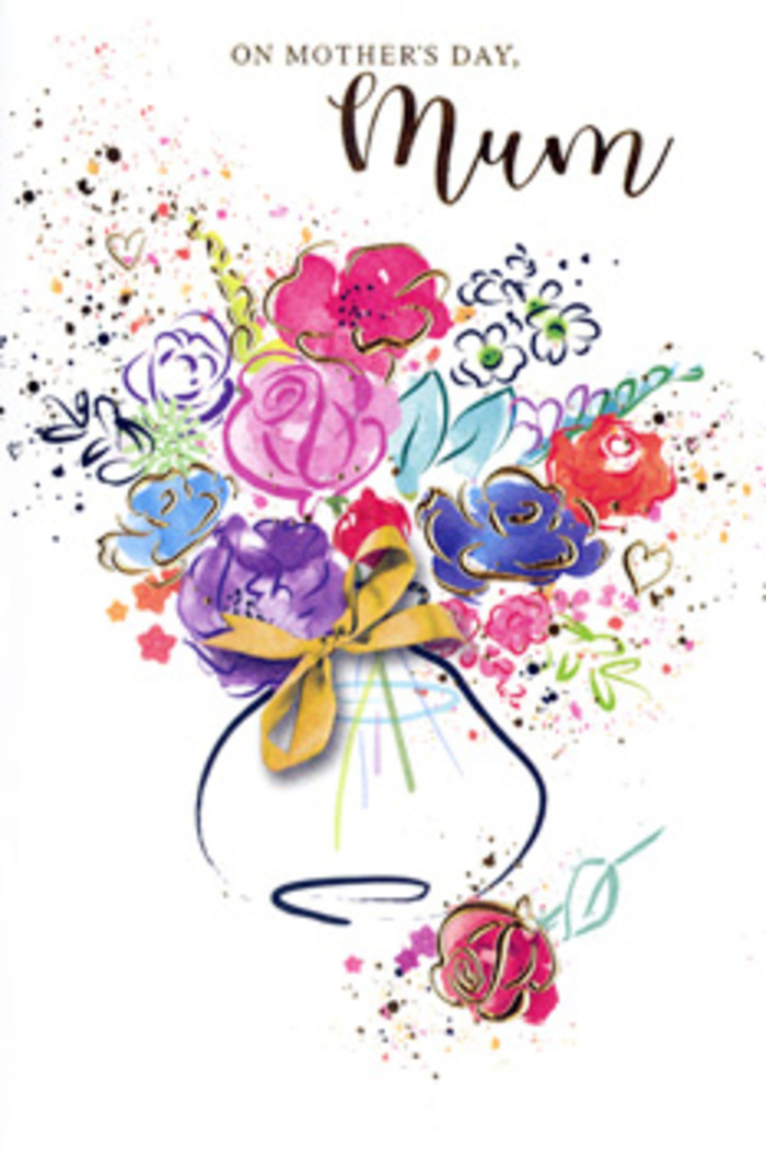 Expressive Mother's Day card artwork featuring an exuberant, watercolour-inspired bouquet that seems to dance against a white background, much like the colourful energy found around Seven Sisters' bustling high street. The flowers themselves are loosely defined yet full of character: some blooms resemble open roses with rounded petals in hot pink and bold cerise, while others blur into softer shapes of indigo, violet, and apricot, blending at the edges as the pigments bleed together. Fresh chartreuse and soft green strokes peek through, hinting at foliage and stems, while delicate gold detailing outlines certain petals and traces slender leaf veins, giving the impression of a gentle, glowing halo around each bloom. This golden shimmer is reminiscent of late-afternoon light filtering through windows onto a vase of flowers in a nearby flat. Around the main bouquet, playful splatters of paint and subtle heart shapes float outward, like petals and love notes drifting across the pavements near West Green Road after a celebration. The vase is whimsical yet steady, its gentle curves washed in pale colour and cinched with a neat golden bow, echoing the care and precision a florist uses when finishing a hand-tied arrangement. The composition feels both spontaneous and intentional, capturing the layered emotions of gratitude, admiration, and unconditional love that Mother's Day brings. For families in and around Seven Sisters, this card reads as a keepsake bouquet pressed onto paper, preserving a moment of affection that will linger long after the day itself has passed.
