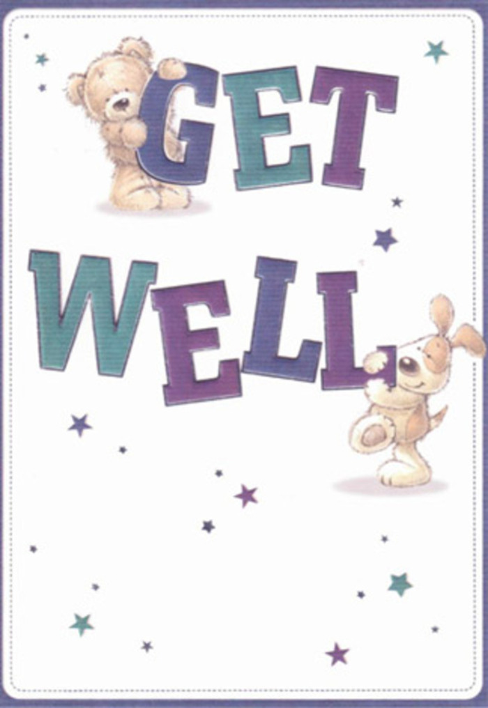 Charming get well card illustration featuring two endearing characters-a plush teddy bear and an exuberant puppy-arranged around bold typography that spells out GET WELL in large, friendly letters. The words are stacked neatly, GET above WELL, each letter painted in saturated purples, teals, and deep blues that gently blend and shade into one another, giving the impression of soft, rounded blocks that you could almost pick up and rearrange. The teddy, rendered in warm caramel and golden brown tones, drapes itself over the upper word, paws dangling, with fur suggested by fine strokes that evoke the comforting feel of a well-loved toy. Its expression is simple yet tender, as though it's quietly cheering the recipient on. Below, the puppy steadies the lower word, pressing against it with playful intent; its floppy ears, creamy coat, and slightly darker patches are drawn with a light touch that makes the fur appear silky and inviting, like a pet waiting at the door on a quiet evening in Seven Sisters. Scattered across the creamy white background are clusters of small stars and starbursts in lavender, cobalt, and aqua, adding gentle movement and a sense of hopeful sparkle, not unlike the glint of morning light on vase water in a freshly delivered get well bouquet. The generous white space keeps the design calm and uncluttered, mirroring the soothing environment we aim for when placing flowers by a bedside in homes off West Green Road or near the local surgeries. Overall, the scene carries a buoyant, reassuring mood, much like a thoughtfully composed floral gift meant to lift a loved one's spirits without overwhelming them, allowing warmth, innocence, and quiet optimism to shine through.