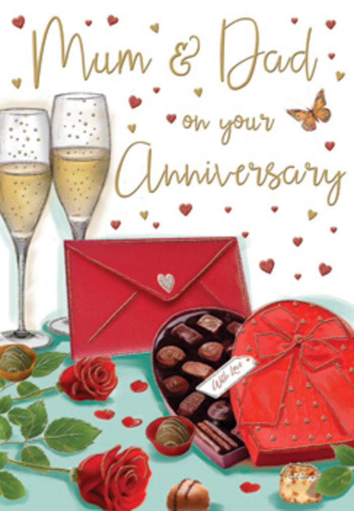 Atmospheric anniversary card artwork depicting a warm, celebratory still life that could be found on a lovingly set table in a Seven Sisters home. Dominating the foreground are two sumptuous red roses, laid gently side by side, their petals densely layered and touched with light that brings out deep crimson and wine-red tones. The roses sit against a nest of fresh green foliage, each leaf carefully shaped and shaded, like stems arranged by a florist who takes pride in every anniversary order leaving the shop near Seven Sisters station. To the right, a classic heart-shaped box of chocolates in a rich, romantic red lies open, revealing an inviting collection of round truffles, each one delicately illustrated to appear smooth and indulgent. A lavish red bow, satin in texture and gently highlighted, cascades across the lid, underscoring the sense of a thoughtfully chosen gift. Behind, two tall champagne flutes stand close together, almost touching, their slender shapes filled with pale golden champagne. Fine bubbles rise within each glass, frozen mid-motion as though captured at the instant before a toast in honour of Mum and Dad. Around the composition drift small hearts in gold and crimson hues, framing the hand-lettered anniversary message with a playful, affectionate charm. Resting nearby is a vivid scarlet envelope, its flap sealed, suggesting a handwritten letter filled with memories and appreciation. The lighting is soft and warm, creating a gentle glow that reflects on glass, ribbon and petals, reminiscent of evening light spilling across a table after flowers have been delivered and dinner has finished. The scene conveys not just celebration but the comfort and stability of long-lasting love, family stories and shared years in the local community.