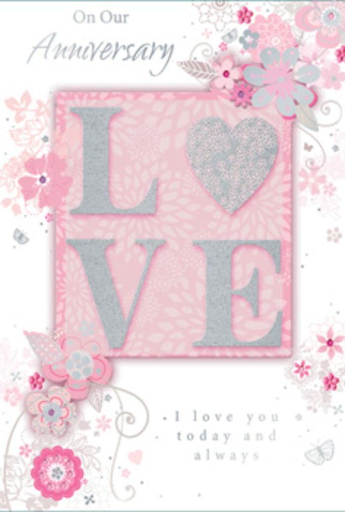 Opening this anniversary card feels a little like stepping into a sunlit sitting room off Seven Sisters Road, where fresh flowers rest on the table and love is quietly woven into everyday life. At the centre of the design, the word LOVE appears in graceful block letters, slightly raised from the surface and dusted with a frosted glitter that catches and reflects the light. The effect is playful yet elegant, inviting fingers to trace the letters and feel their gentle texture. Around this central motif, wispy, hand-drawn blooms meander along the borders and drift inward, as though a florist's sketchbook had come to life. The flowers bloom in tender shades of pink, lilac, and creamy ivory, each petal delicately outlined and shaded, with softer washes of colour filling the shapes much like watercolour on textured paper. Fine flourishes weave between the petals: filigree lines that curl like vines, dainty leaves that seem to rustle, and tiny, almost-hidden butterflies whose wings mirror the curves of the surrounding foliage. The background is a warm, blush-toned pink with subtle gradients, giving a sense of depth and softly diffused light, like sunlight filtering through thin curtains in a Tottenham home. Nestled within this gentle garden of line and colour is the message I love you today and always, written in a refined script that feels personal and heartfelt, as if the sender had carefully chosen each word. The composition is balanced and soothing, with enough detail to captivate without overwhelming, echoing the artistry of Flower Delivery Seven Sisters when crafting a hand-tied anniversary bouquet: thoughtful, romantic, and quietly full of meaning.