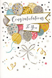 This image shows a charming congratulations card that feels like a pocket-sized party, perfectly at home in a friendly Seven Sisters flower shop. The main focus is a generous bunch of illustrated balloons, gathered together in the centre and rising toward the top edge. They are plump and overlapping, painted in a sophisticated but playful mix of colours: warm gold, shimmering silver, soft champagne, rosy pink, sky blue, and muted grey. Each balloon carries its own subtle decoration, whether tiny metallic stars, neat stripes, or sparkling speckles that hint at glitter catching the light, much like the evening glow over nearby residential streets. From the base of the bunch, slim ribbons in gold and silver fall in loose curls, tying the balloons together with a graceful, flowing motion that recalls the finishing touch on a celebratory bouquet. The background is a gentle off-white or creamy tone, scattered with small, shining stars, swirling streamers, and confetti dots in coordinating metallic hues, giving a sense of joyful movement without feeling cluttered. Across the middle, a ribbon-like banner seems to float among the balloons, bearing the words Congratulations To You in refined, looping calligraphy that feels more like a personal note than a printed phrase. The overall effect is of lightness, pride, and genuine happiness, suitable for any achievement-from exam success to a new role or a special personal milestone. You can almost imagine the slight texture of raised ink and shimmer under your fingertips. Paired with fresh flowers from a local Seven Sisters florist, this card would beautifully complete a thoughtful, celebratory gift that truly honours the recipient's moment.