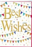 In this close-up image, a cheerful Best Wishes card appears ready to accompany a celebratory flower delivery anywhere around Seven Sisters. The design centres on the words Best Wishes, written in a graceful, looping script of rich gold that sparkles subtly, as if the letters were brushed with a fine layer of glittering dust. The script is slightly raised, giving it a tactile, embossed feel that stands out clearly against the bright white background. This whiteness is not stark but fresh and welcoming, like a new page in a story or the light sky above a summer get-together near Seven Sisters Road. Framing the message are curved strings of bunting running along the top and bottom of the card, each tiny triangular flag a burst of colour: bold blues, spirited reds, leafy greens, golden yellows, and accents of pink and aqua. Some flags are filled with clean stripes, others with neat polka dots or small geometric patterns, creating a sense of individuality in each pennant while still looking harmonious overall. Scattered across the remaining white space are small stars and confetti dots in gleaming gold and matching colours, sprinkled lightly as though mid-celebration. These tiny shapes lend motion and excitement, suggesting clapping hands, shared smiles, and the hum of congratulations. Despite the many elements, the design feels carefully balanced and uncluttered, allowing the central message to stay in focus. It is an uplifting, versatile card, perfectly suited to accompany flowers for a new job, exam success, or any proud moment in the Seven Sisters area, visually whispering: here's to you and all that lies ahead.