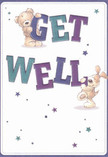 A whimsical illustrated get well card featuring a cuddly teddy bear and a floppy-eared puppy, both carefully balancing oversized, colourful letters that spell out GET WELL in bold, rounded type. The word GET is stacked above WELL, painted in rich shades of indigo, deep purple, and teal, with soft shading that gives each letter a friendly, almost pillowy depth. The teddy leans over the top of the word GET, tiny paws gripping the edge as its soft caramel fur and stitched muzzle seem almost touchable, like a favourite childhood toy. Below, the playful puppy nudges the word WELL, its velvety ears flopping forward and its tail lifted in an eager curve, suggesting motion and affectionate energy. Around them, small starbursts and twinkling stars in blues, violets, and aqua scatter across a clean cream background, adding a sense of magic, hope, and gentle movement, as if good wishes are floating through the air. The white space feels fresh and airy, like the clear light over Seven Sisters Road on a crisp morning, offering a sense of calm and cleanliness that's especially soothing when someone is unwell. The whole design radiates kindness and optimism, very much like a carefully chosen get well bouquet sent to a hospital room near Tottenham or a flat just off West Green Road, meant to bring a soft smile and a little courage. Though there are no flowers painted here, the textures, colours, and friendly expressions create the same comforting presence a florist aims for in a hand-tied arrangement delivered with care.