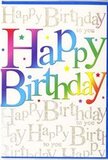 Viewed up close, this birthday card carries the same bright, uplifting energy you might feel walking past colourful shopfronts and flower stalls around Seven Sisters. The front showcases the words Happy Birthday in large, full-bodied letters that span the width of the card, each letter proudly wearing its own colour. The message becomes a horizontal rainbow, starting with bold reds and deep pinks and moving seamlessly into glowing oranges, bright yellows, lively greens, cool blues, and plush purples. The colours are rich yet softly blended where they meet, creating a smooth visual flow that feels inviting rather than loud. This bold text is set against a refined background of repeating cursive words in glistening gold. The script spells out Happy Birthday to you in slender, looping strokes that twist and curl elegantly across the card, like a gentle refrain echoing behind the main message. A light glitter effect in the gold adds a subtle sparkle, catching and reflecting ambient light in a way that suggests a celebratory glow, similar to streetlights reflected on wet pavements after a rain shower. Scattered across the design are tiny stars and dots, picked out in coordinating rainbow colours, enhancing the sense that the card is alive with festive energy. The surface appears smooth and slightly reflective, giving the impression of a high-quality, glossy finish. Overall, the card feels cheerful, modern, and warm-hearted-an ideal companion to a birthday bouquet arriving at a home near Seven Sisters station or along the surrounding roads, bringing a burst of colour and joy into the celebration.