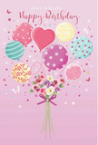 Whimsical birthday card design showing pastel balloons hoisting a dainty bouquet of flowers, evoking a light-hearted celebration in Seven Sisters. The background is a gentle blush pink, soft and even, giving the impression of calm skies before the day begins on Seven Sisters Road. From near the bottom of the card, a cluster of balloons rises, painted in soothing tones of pink, seafoam green, buttery yellow, and lilac. Each balloon has its own character: some twirl with candy-coloured stripes, others are sprinkled with playful spots, while a central heart-shaped balloon radiates a feeling of affection and closeness. Beneath this floating parade, a small, hand-tied bouquet gathers tightly at the base, made up of petite roses and anemone-like blooms whose feathery petals blend from creamy white to blush, mauve, and deeper rose. The flowers look lush and freshly picked, as if they've just been arranged by a skilled florist working near Tottenham Green. A violet satin bow wraps neatly around the stems, its sheen hinting at a smooth, luxurious texture, with the ribbon tails curling slightly as though catching a light breeze. Scattered around the arrangement are tiny stars and a few delicate butterflies, lending a touch of fairy-tale wonder, like the fleeting joy of birthday balloons bobbing above a front door in N15. The imagined scent is gently sweet and floral, matching the tender mood of the composition. Altogether, the artwork feels airy, joyful, and heartfelt-a charming visual of birthday wishes floating across Seven Sisters to brighten someone's special day.