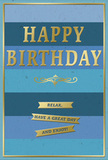 This birthday card combines cool blue tones and tasteful gold accents to create a feeling of calm celebration, perfectly suited to a relaxed birthday morning in Seven Sisters. The background is built from wide, horizontal bands of blue, each band shifting subtly in shade from deep navy to softer, misty blues, producing a smooth gradient that suggests a quiet sky over the city. Across the centre, the greeting HAPPY BIRTHDAY stands out in bold, embossed gold capital letters. The metallic finish lends a gentle sheen, and the slightly raised texture of the lettering adds a tactile quality you can imagine under the fingertips. Beneath this central message, a delicate golden flourish curves with graceful symmetry, adding a refined, almost classical note to the otherwise modern design. In the lower third of the card, three slender gold banners create a structured base, each ribbon printed with warm, easygoing words: Relax, have a great day and enjoy! The gold banners echo the horizontal layout of the blue stripes, tying the design together while adding extra shine and depth. A slim gold border runs neatly around the edge of the card, framing the composition like a small work of art. The interplay of the velvety-looking blue surface and the gleam of the gold creates a sense of understated luxury, the sort of card you might receive alongside a bouquet delivered locally - a thoughtful, composed way to say happy birthday in the heart of Seven Sisters.
