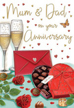 Romantic anniversary card scene that reads like a tender vignette from a family celebration in Seven Sisters, designed especially with Mum and Dad in mind. At the heart of the composition, two velvety red roses rest on the tabletop, their petals lush and layered, curving outwards in full bloom, their deep crimson colour softened by gentle highlights and tiny shadows. Fresh green leaves cradle the blooms, adding contrast and echoing the look of a carefully composed bouquet from a neighbourhood florist. Just beside them, a heart-shaped box of chocolates in warm, ruby red sits invitingly open, showing an orderly assortment of round truffles nestled into their compartments, promising shared sweetness and unhurried conversation. A luxuriously tied red satin bow crowns the box, its loops arcing elegantly across the lid. Rising behind this cosy arrangement, two slender champagne flutes stand close together, filled with pale golden champagne, fine streams of bubbles rising as if lifting a quiet thank-you for years of commitment and care. Around the central objects, delicate golden and crimson hearts float across the background, lending movement and a sense of joyful celebration to the card. A bright red envelope lies nearby, its pointed flap sealed, hinting at a handwritten message full of love-perhaps recalling childhood memories along Seven Sisters Road or simple gratitude for steady support. The entire scene is bathed in warm, softly diffused light, giving the glass, ribbon and petals a gentle glow. It feels like a pause in the evening: flowers arranged, glasses poured, treats ready, and a family about to raise a toast to the enduring love that anchors their lives.